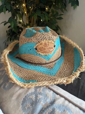 CORONA Mexico Straw Cowboy Hat | Blue & Tan Chevron Sun Hat | Size S